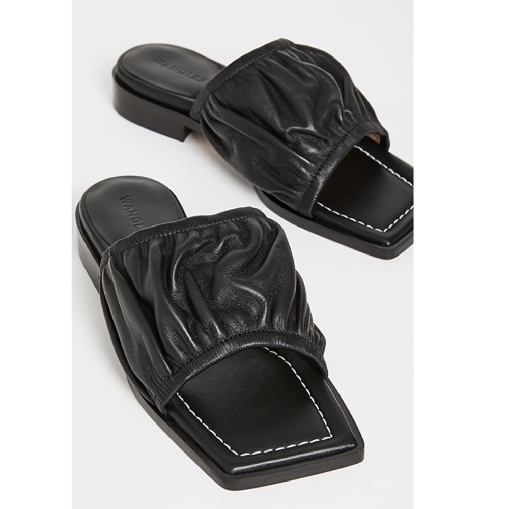 Wandler Mila Puffy Lambskin Flat Sandals Mule Slip-On Black Color Size 38 US 8.5